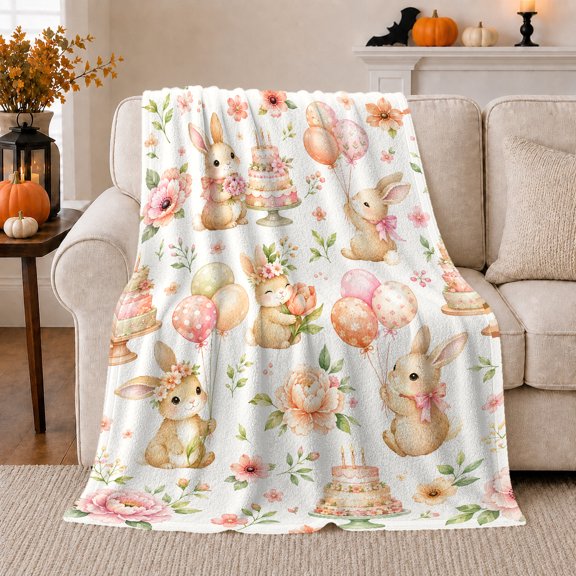 Whimsical Bunny Celebration Watercolor Print, Festive Botanical Garden Scene, Warm Flannel Blanket for Sunroom and Reading Nook, Garden Lovers Valentine's Day Gift, Botanical Home Decor