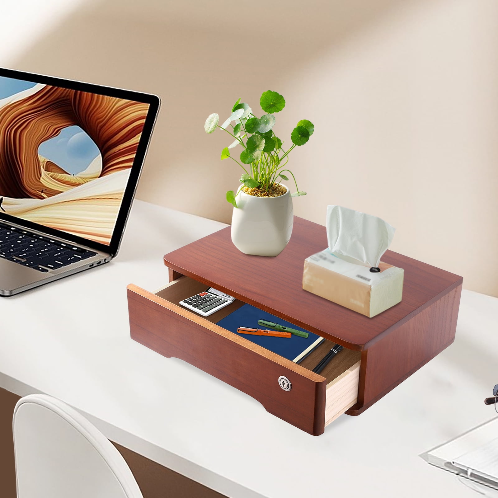 Multifunctional Desktop Storage Box with Lockable Drawer Stand Desktop Desktop Organizer Office Supplies Drawer Organizer (Walnut Color)