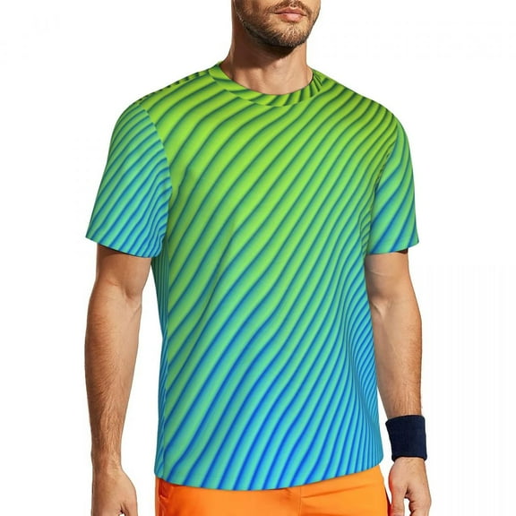 Gradient Striped T-Shirt Men Blue Green Lines Casual Sports T-Shirts Breathable Summer Hip