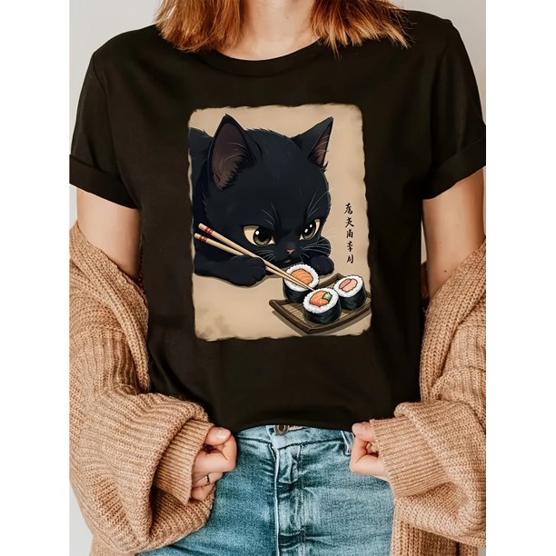1pc Women's Cotton Graphic T-Shirt - Cat and Sushi Print, Casual Crew Neck, Short Sleeves, Soft Knit Fabric for Spring/Summer