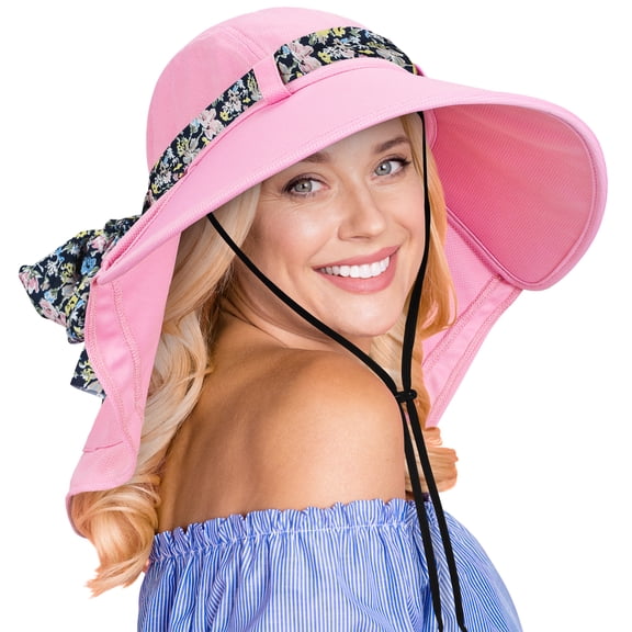 Sun Blocker Women's Sun Hat Wide Brim Flap Cap with Floral Ribbon for Beach Gardening Hiking Fishing Safari UPF 50 Pink