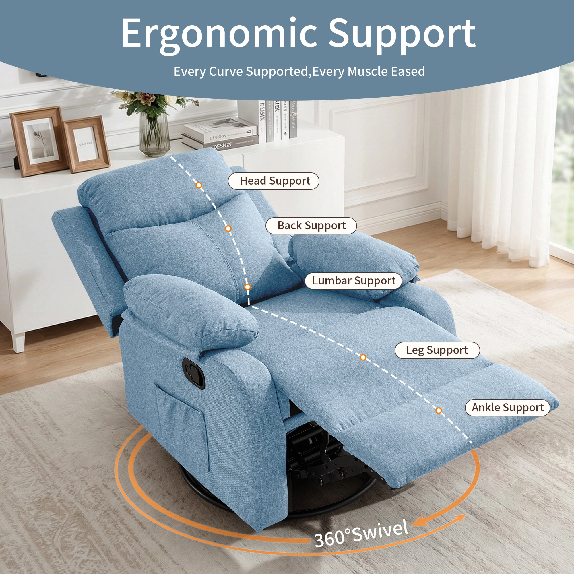 GEEYOO Manual Swivel Rocker Recliner Chair with Side Pockets,Small Recliner Chair for Small Spaces,Upholstered Linen Fabric Glider Nursery Chair for Living Room,Blue
