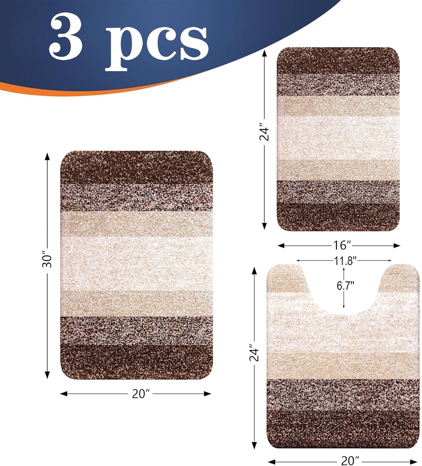 Bathroom Rugs Sets 3 Piece, Soft Absorbent Microfiber Bath Mats and U-Shaped Contour Toilet Rug, Machine Wash Dry, Plush Shaggy Bath Mat Set for Bathroom
