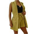 thumbnail image 3 of Womens Fall Fashion 2023 Two Piece Outfits Sleeveless Blazer Vest Jacket & Belt Flare Shorts Pockets Business Casual Suit Sets Open Front Lapel Work Office Blazer Jackets Army Green qILAKOG Size XL, 3 of 6