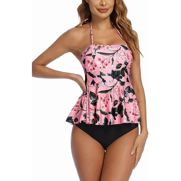 ADOME Tummy Control Tankini Swimsuits for Women 2 Pcs Swimsuit Set Floral  Print Ruffle Halter Swimwear XS-3XL, 