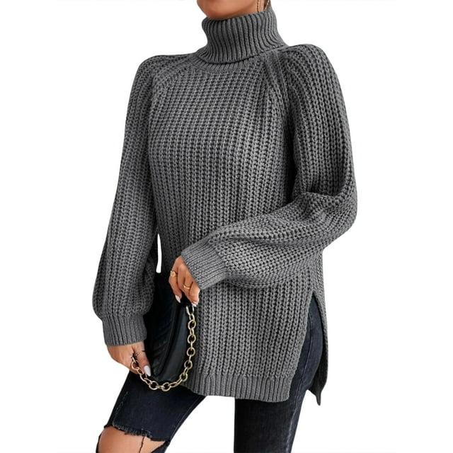 EYIIYE Chandail d'Automne Hiver pour Femmes à Manches Longues Col Roulé Tricoté chandail Couleur Unie Ourlet Fendu Long Tricoté Ample Décontracté Confortable