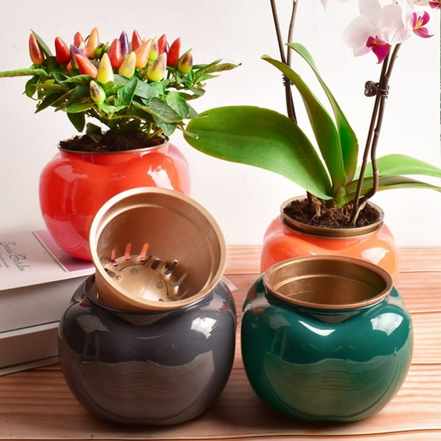 EIMELI Flower Pot Dual Layer Shatterproof Plastic Decorative Plant Flower Pot with Water Container for Home Red 1 Set