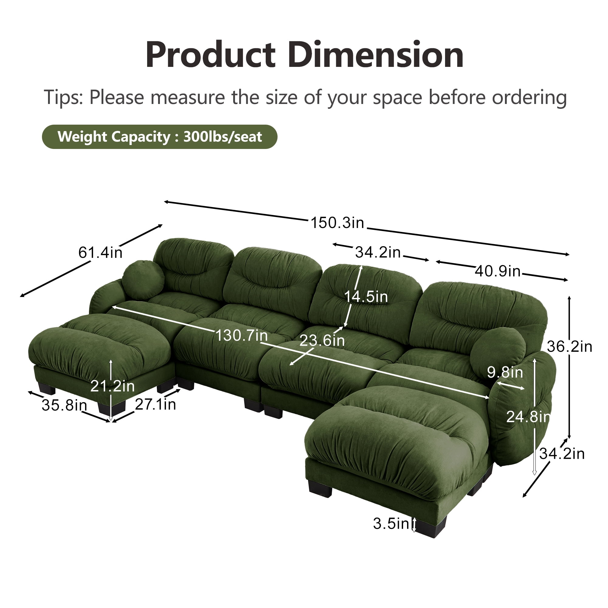 150" 4 Seater Sectional Couch Cozy Chenille U Shape Modular Sofa with 2 Ottoman and 2 Throw Pillows