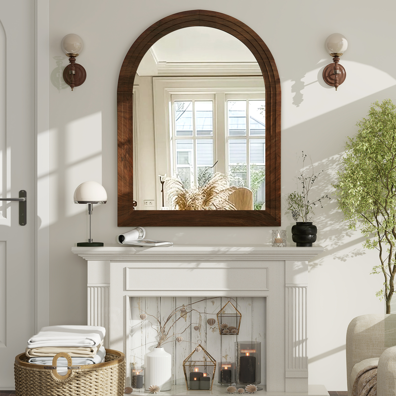 BeautyPeak 40" x 30" Arched Wooden Frame Bathroom Mirror, Brown photo 7