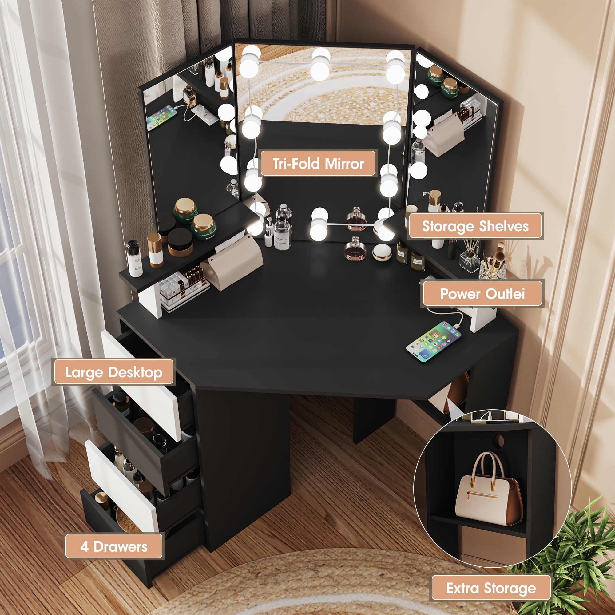 Veanerwood Corner Vanity Desk with Lighted Mirror & Charging Station,Makeup Vanity Table, Black
