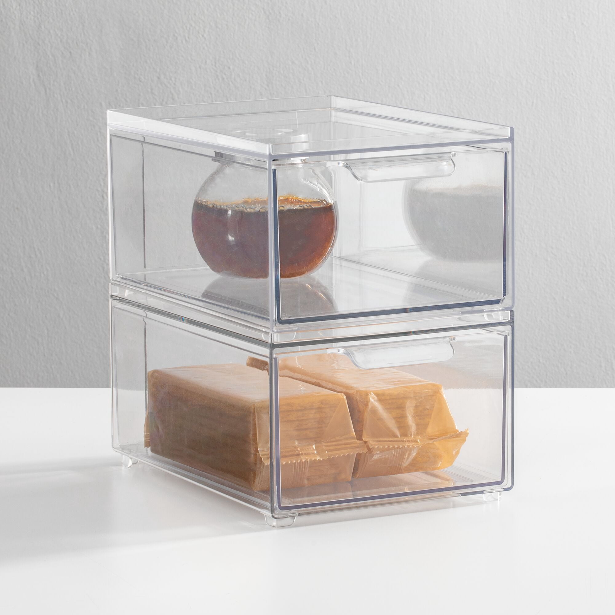mDesign Stacking Plastic Storage Kitchen Bin with Pull-Out Drawer, 2 Pack, Clear