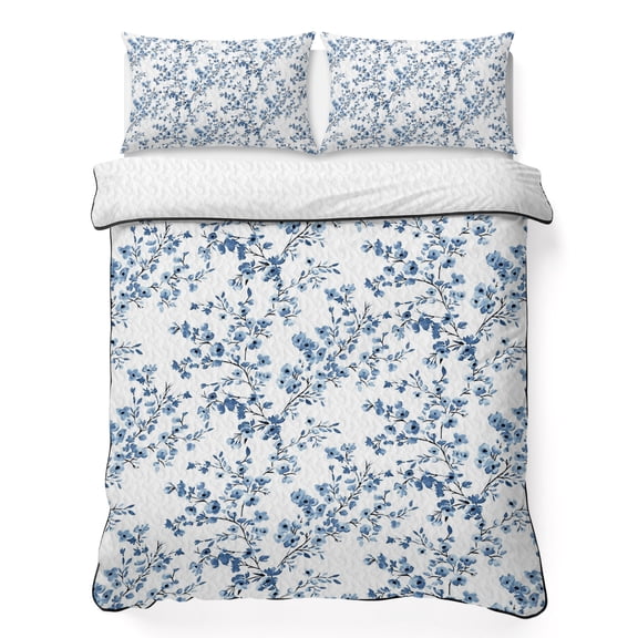 Twin Quilt Set 68''x86'', Navy Blue Spring Floral Lightweight Summer Bedspread Coverlet Set with 2 Pillow Shams, Elegant Pastoral Flowers Breathable All Season Quilt Bedding for Dorm/Bedroom