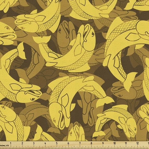 Ethnic Fabric by the Yard, Koi Fish in Modern Style Oriental Underwater Far Eastern Japanese Design, Decorative Upholstery Fabric for Sofas and Home Accents, Mustard Pale Coffee by Ambesonne