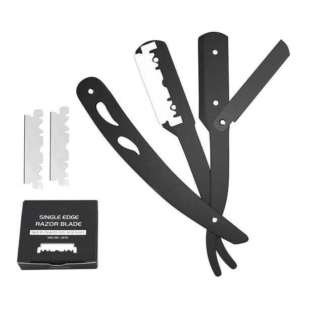 Maquinilla de afeitar de acero inoxidable con filo recto y 100 hojas Negro