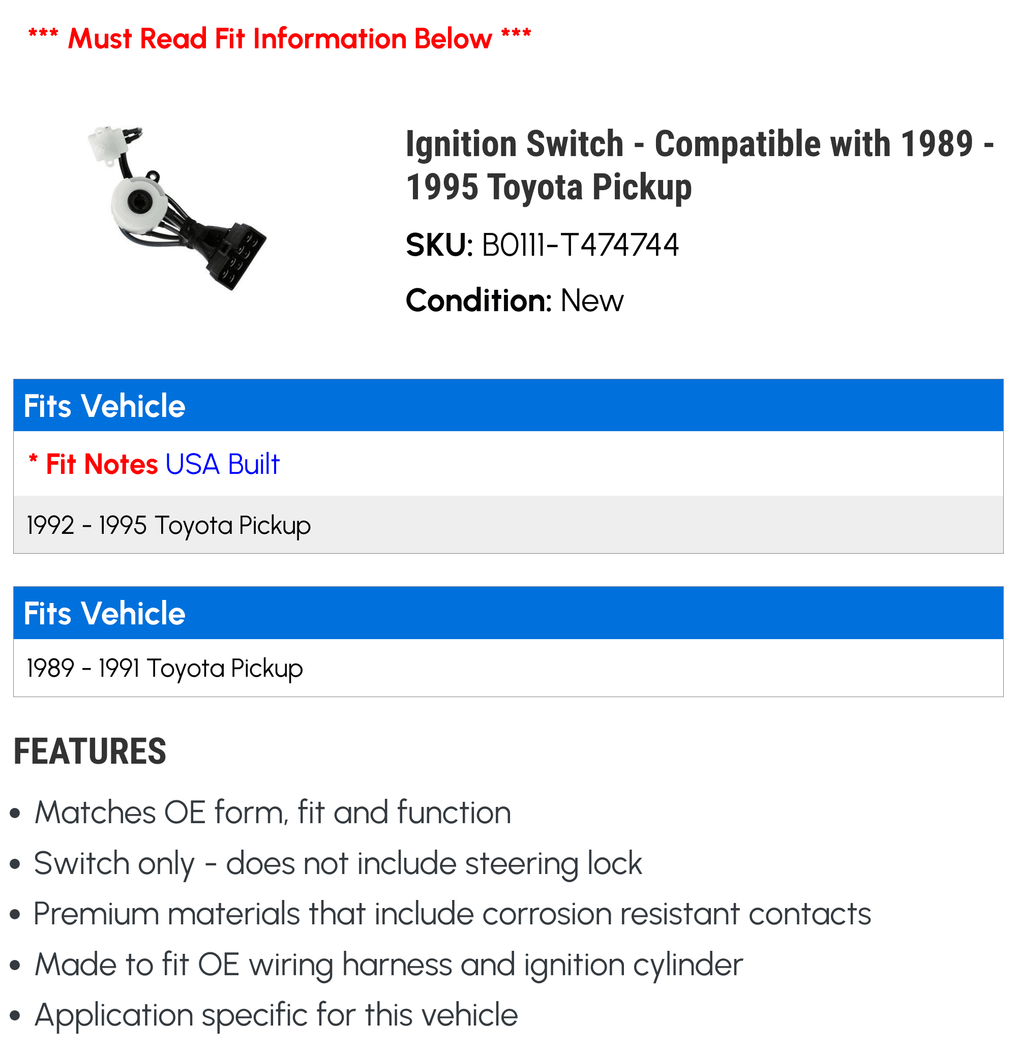Ignition Switch - Compatible with 1989 - 1995 Toyota Pickup 1990 1991 1992 1993 1994