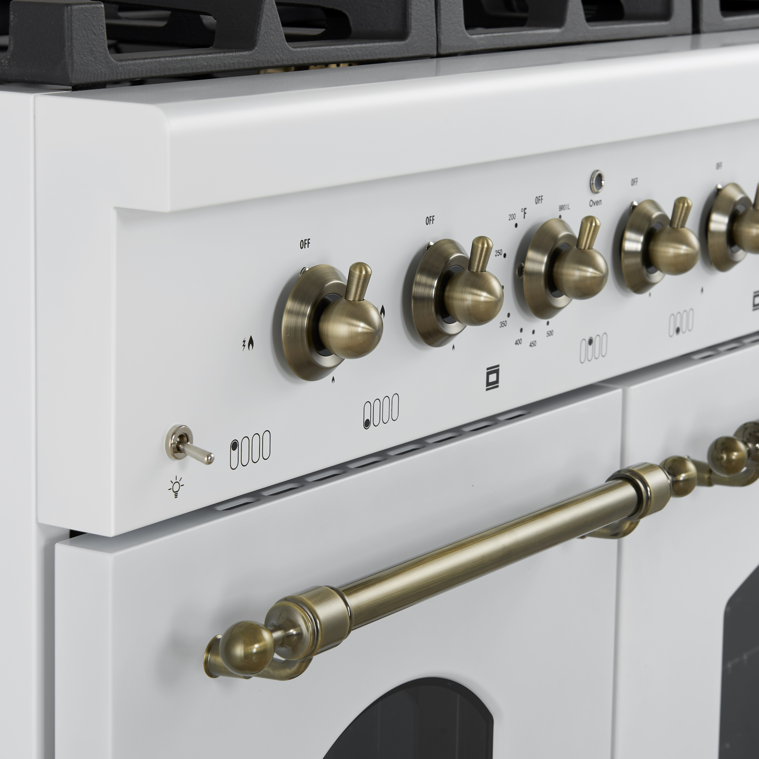Forno Antico 48-Inch Dual Fuel Range, White with Antique Brass Finish, 8 Burners, 94,000 BTU, 5.5 cu.ft. Double Ovens  Griddle