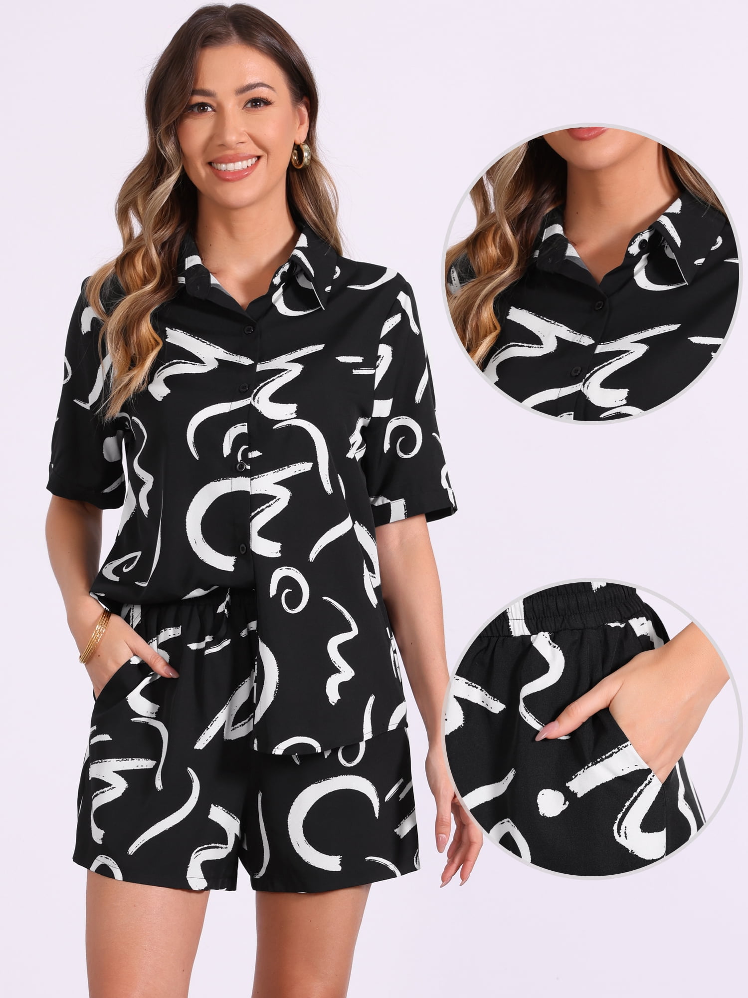 DARING DIVA 2 Pieces Women's Short Sleeve Pajama Beach Sets L Black