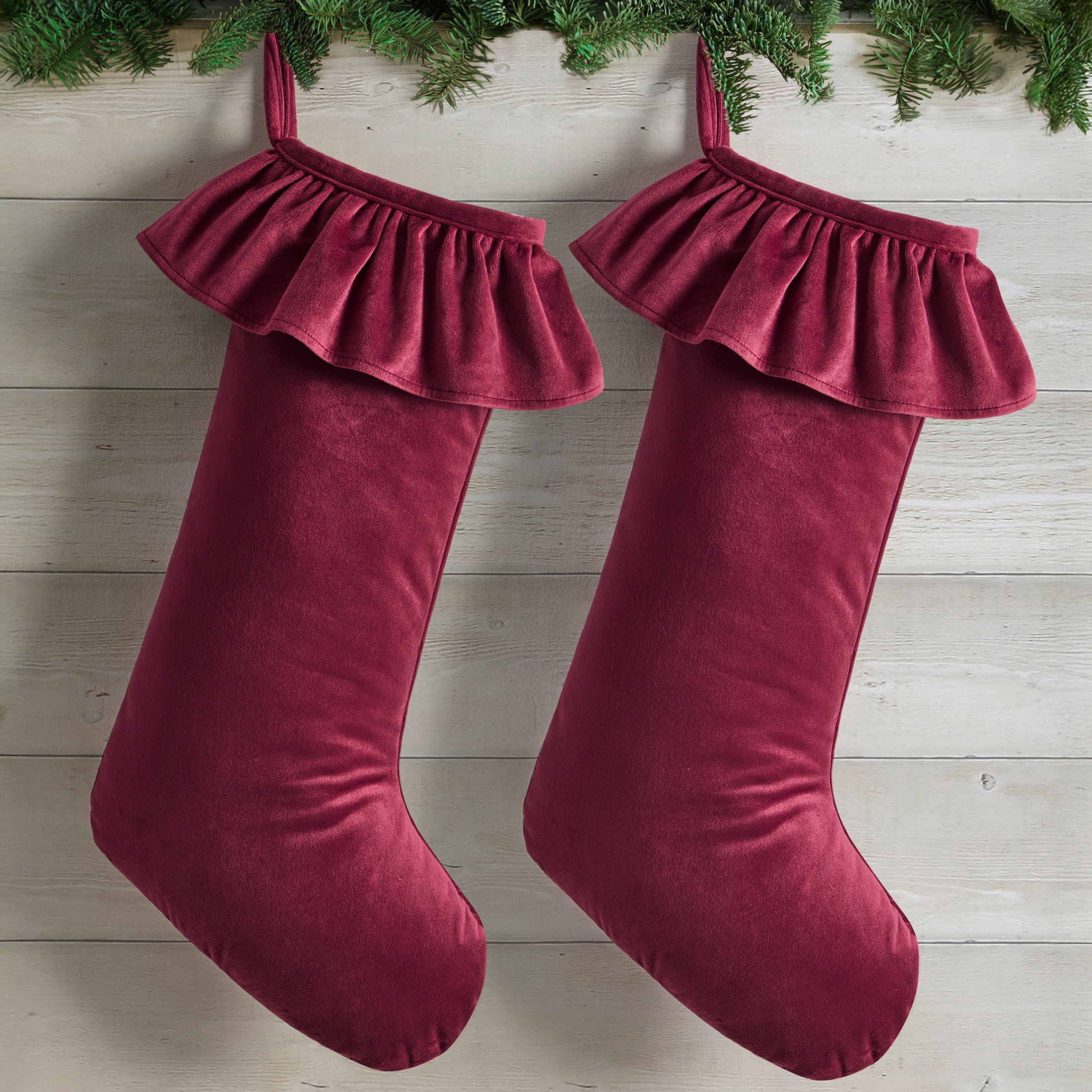 My Texas House Ruffle Red Velvet Christmas Stockings, 20" x 10" (2 Count)