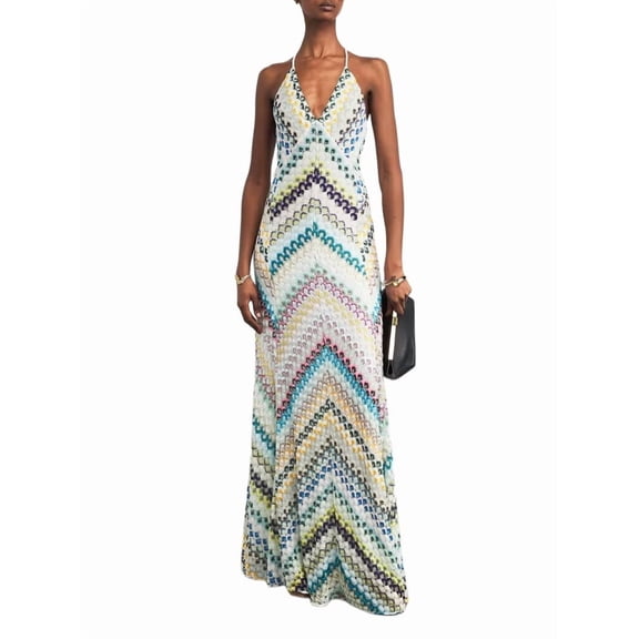 Women's V Neck Deep Backless Striped Bodycon Halter Knit Maxi Dress for Beach Green S