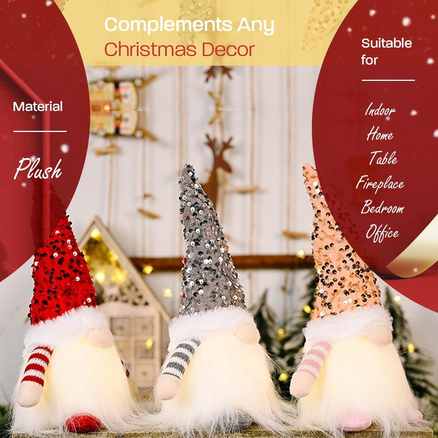 Christmas Set of 3 Light Up Christmas Gnomes, Silver, Pink & Red Christmas Gnomes - Plush Lighted Tomte Ornaments Figurines Dolls, Christmas Decorations