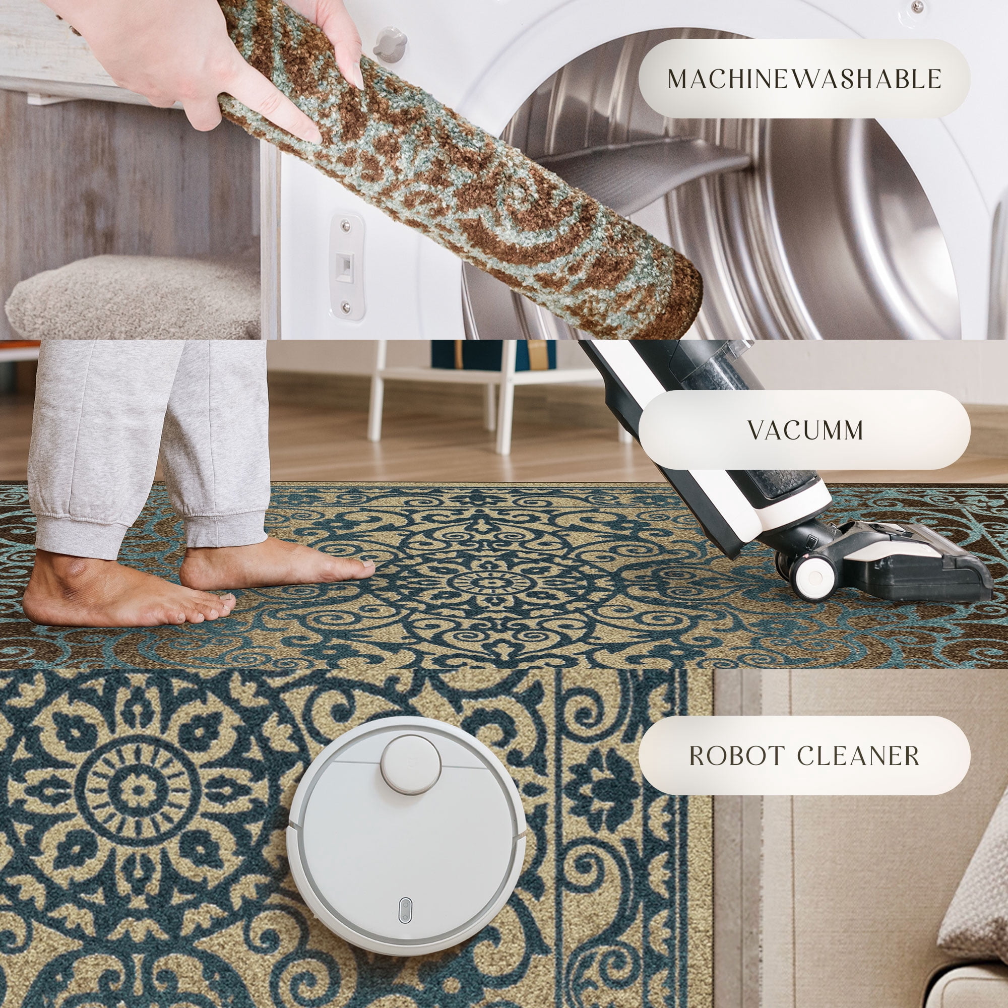 Maples Rugs Pelham Transitional Vintage Scroll Blue Brown Washable Entryway Area Rug, 1'8 x 2'10