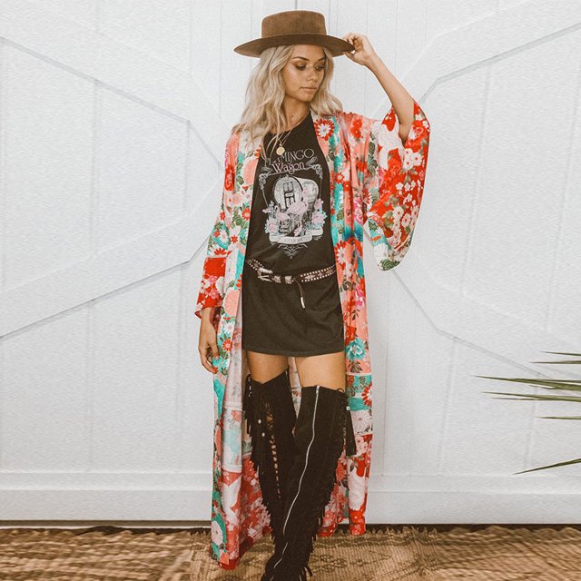 Nuevas mujeres de la gasa Kimono Cardigan floral de manga larga suelta prendas de vestir exteriores Eccomum S