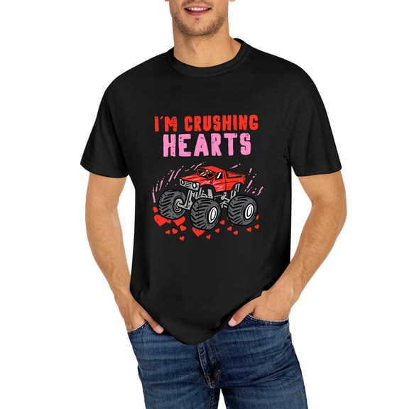 I Crush Hearts Monster Truck Valentines Day T-Shirt, OdeJous Funny T-Shirt Black, S
