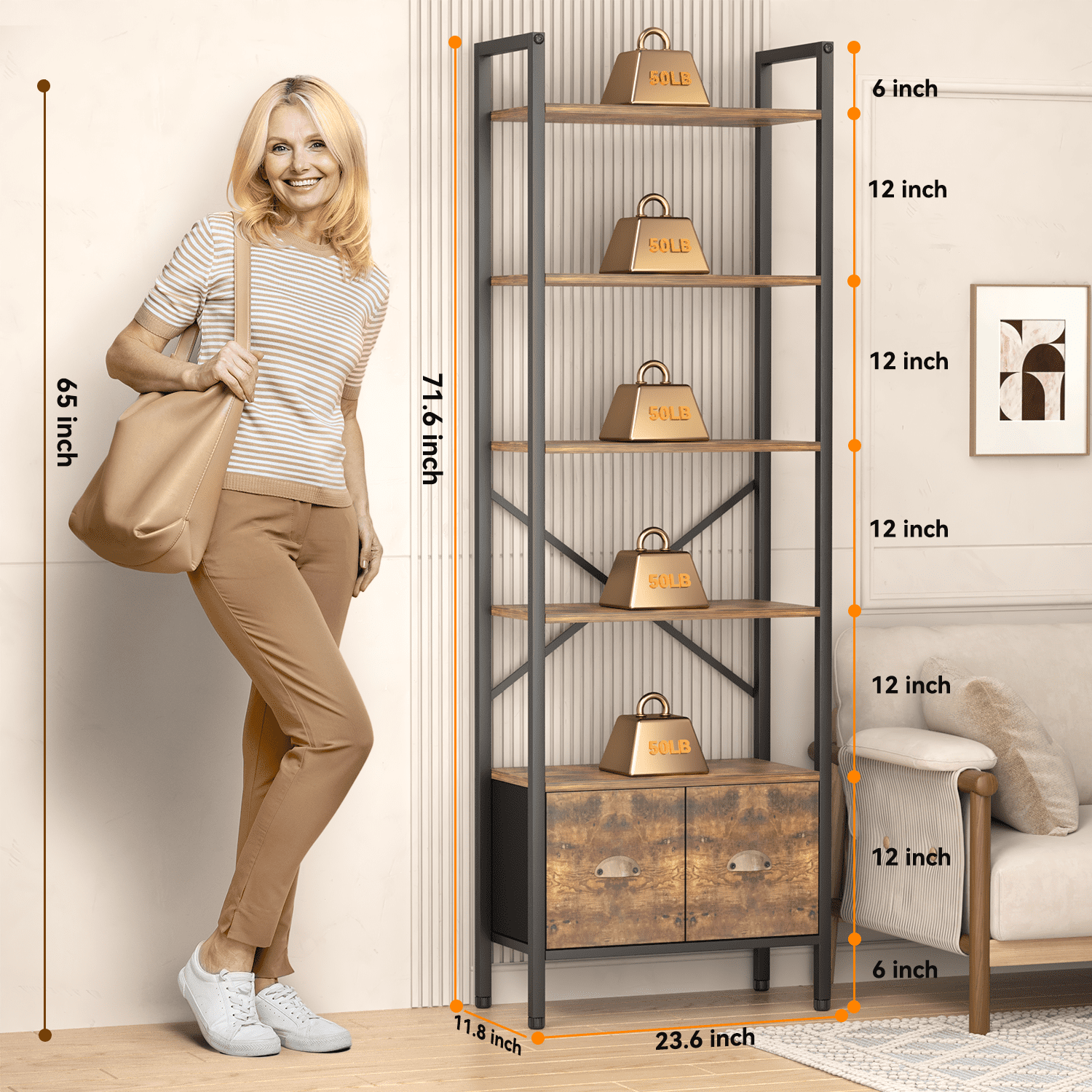 BEHOST 6-Tier Storage Rack Bookshelf with 2 Fabric Drawers, Tall Metal Frame bookcase for living room and Office, Rustic Brown