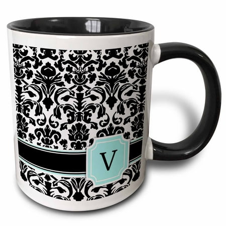 

3dRose Letter V personal monogrammed mint blue black and white damask pattern - classy personalized initial - Two Tone Black Mug 11-ounce