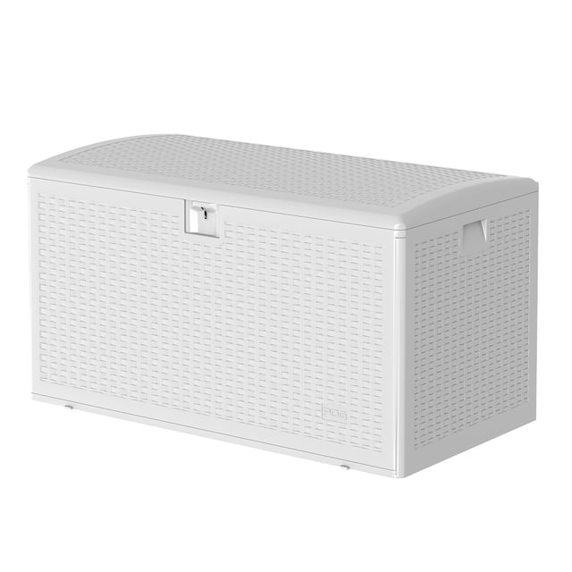 Coffre de Rangement pour Terrasse en Résine de 73 Gallons – Organisateur Étanche, Résistant aux Intempéries et Verrouillable pour Patio, Outils de Jardin, Jouets de Piscine, Coussins de Mobilier – Coffre Extérieur Durable avec Sangle Tressée, Blanc