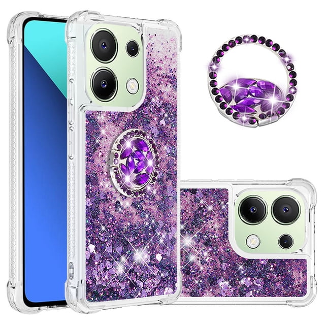 Funda para Xiaomi Redmi Note 13 4G con Brillo Líquido Flotante, Purpurina, Parachoques y Anillo Giratorio Soporte