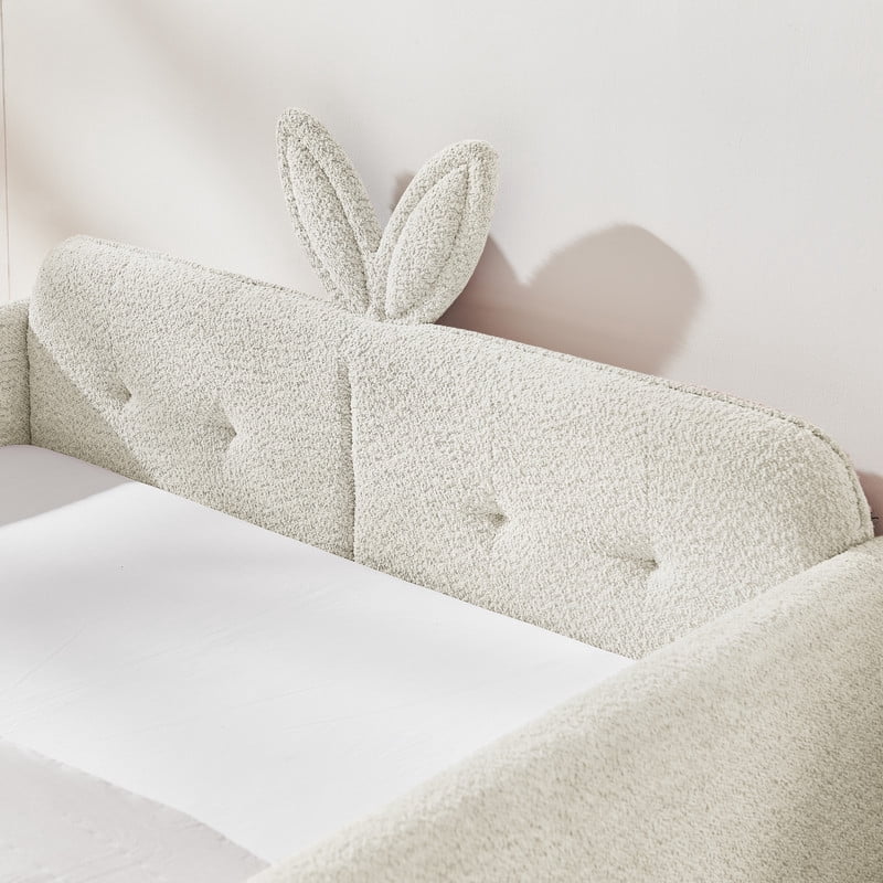 Full Size Upholstered Platform Bed with Rabbit Ear Shaped Headboard, Boucle Fabric Kids Bed with Side Pockets and Safety Guardrail, Space-Saving Corner Bed for Girls, Boys, Teenager