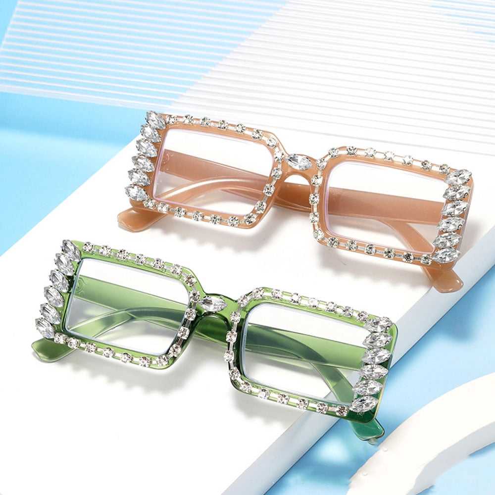 3 Pairs of Women Silver Rhinestone Reading Glasses 4.00 Ladies Square Anti-Blue Light Readers +4.00 strength
