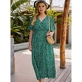 thumbnail image 3 of Women'S Plus Size Wrap V Neck Short Sleeve Ruffle Hem A Line Short Dress Blue & Green 4XL, 3 of 8