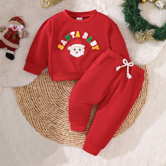 MEZZALL Toddler Boys Girls Christmas O-Neck Long Sleeve Cartoon Embroider Pullover Tops Shirt Pants Outfit Sets Breathable Clothes Sets