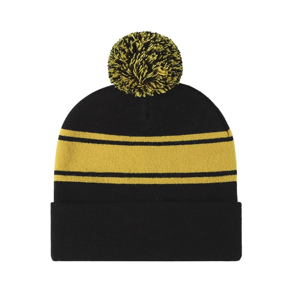 TOPTIE Striped Cuffed Beanie with Pom Pom Unisex Winter & Sports Hat-YELLOWBLACK
