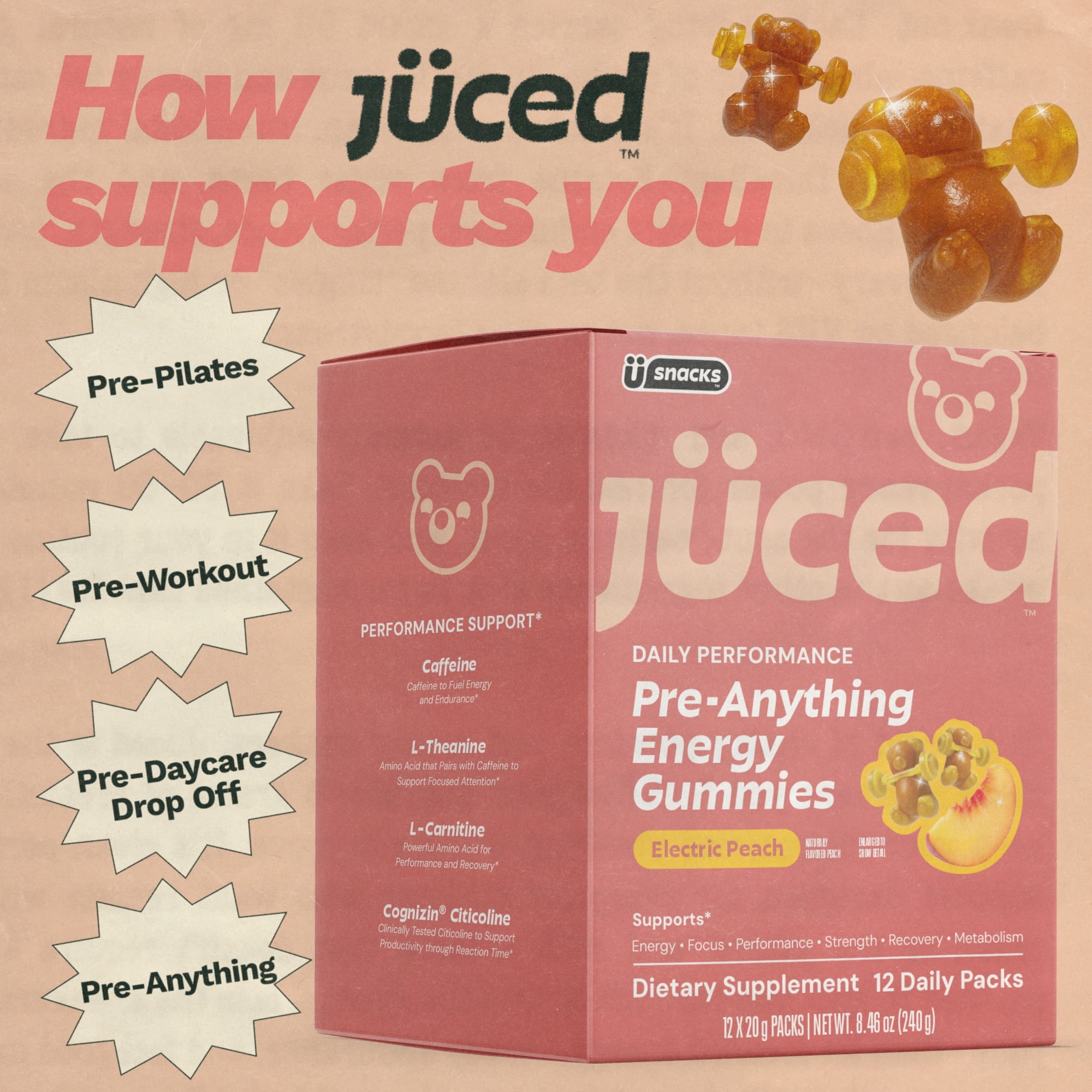 Juced by Gruns - Pre-Anything Gummies with 75mg of Caffeine - Supports Energy (12 Count)