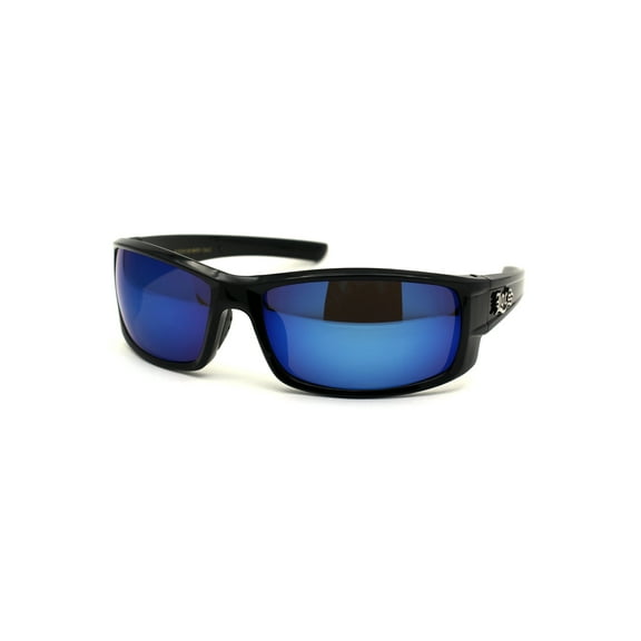 Locs Mens Rectangular Warp Gangster Cholo Sunglasses Black Blue Mirror