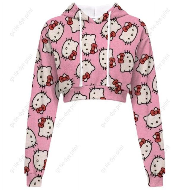 Chandail à Capuchon Imprimé Hello Kitty pour Femmes, Hauts Courts Kawaii Imprimés Harajuku, Sweat Court à Col Rond pour Femmes Harajuku