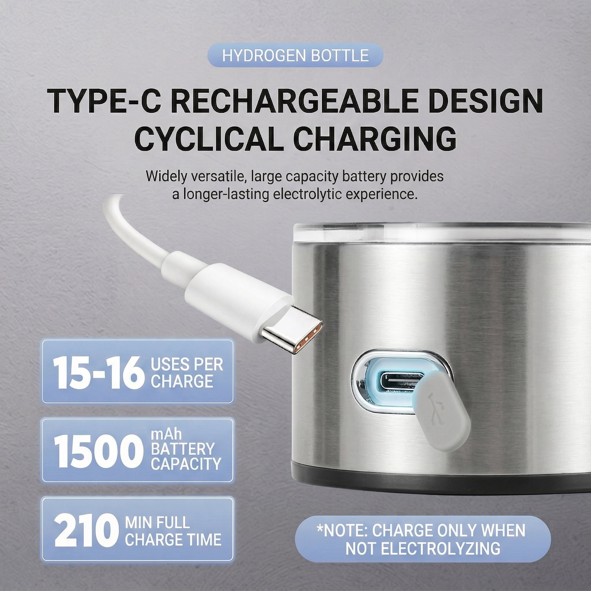 STARBIAO Hydrogen Water Bottle, 16 Oz Portable Rechargeable Hydrogen Water Generator, SPE & PEM Technology, 2800 PPB in 3 Minutes, Silver