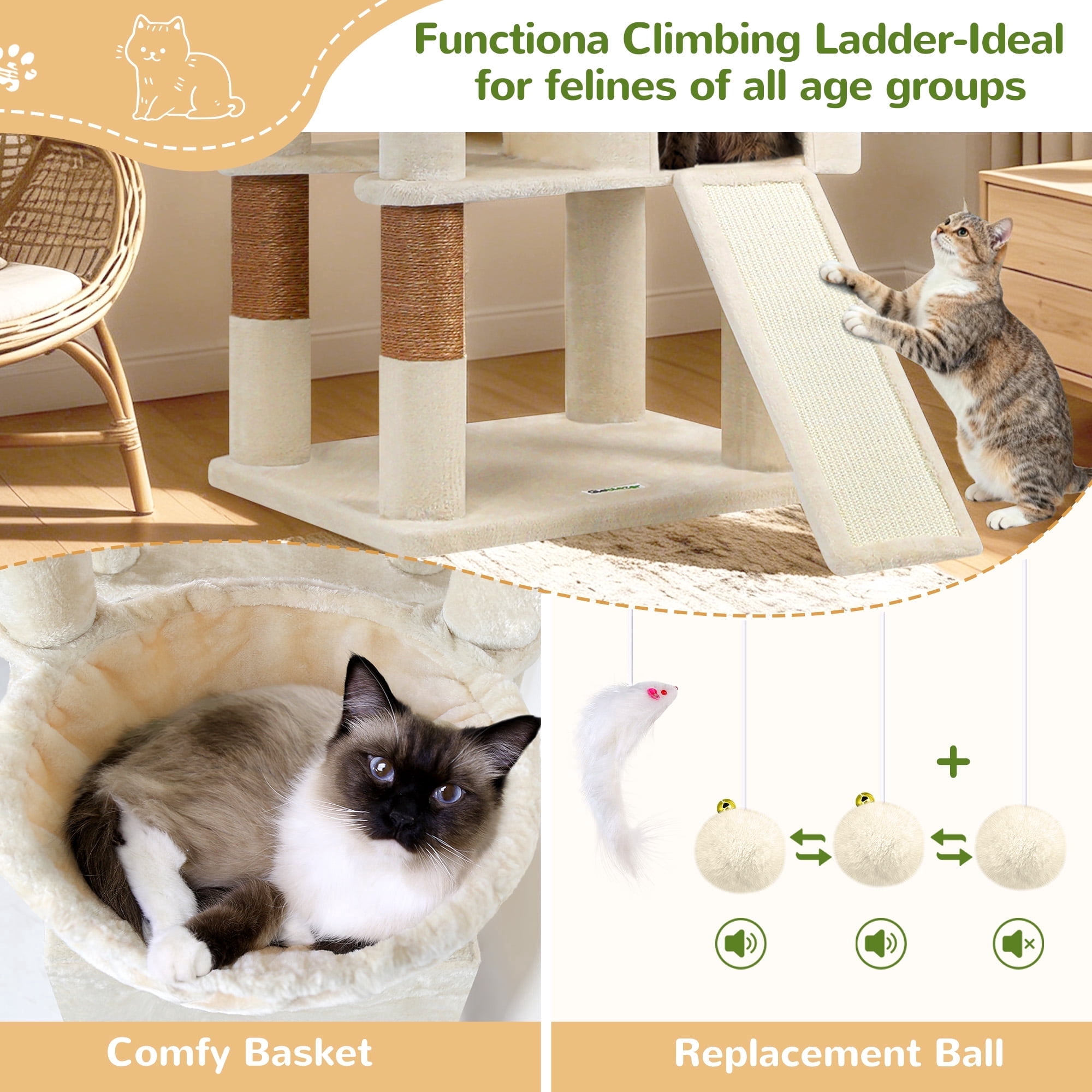Globlazer 83'' Multi-Level Large Cat Tree Tower for Indoor Cats with Sisal Scratching Post, Hammock & 2 Condos, Beige