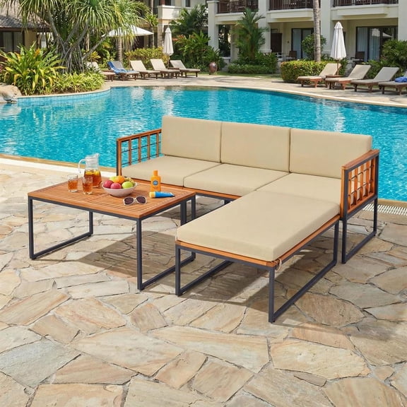 Topcobe 5 Pieces Patio Furniture Set Acacia Wood Sectional Set with Heavy-Duty Metal Frame, Outdoor Sectional Furniture, Beige