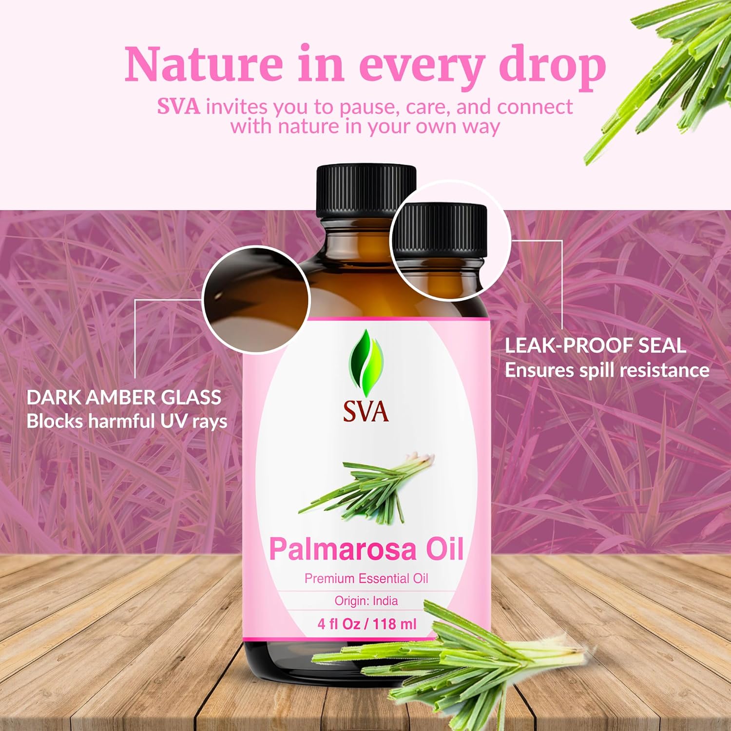 SVA Palmarosa Essential Oil – 4 Fl Oz – 100% Natural Palmarosa Oil - for Diffuser, Hair Care, Face, Skin Care, Aromatherapy, Scalp and Body Massage, Soap and Candle Making – with Dropper