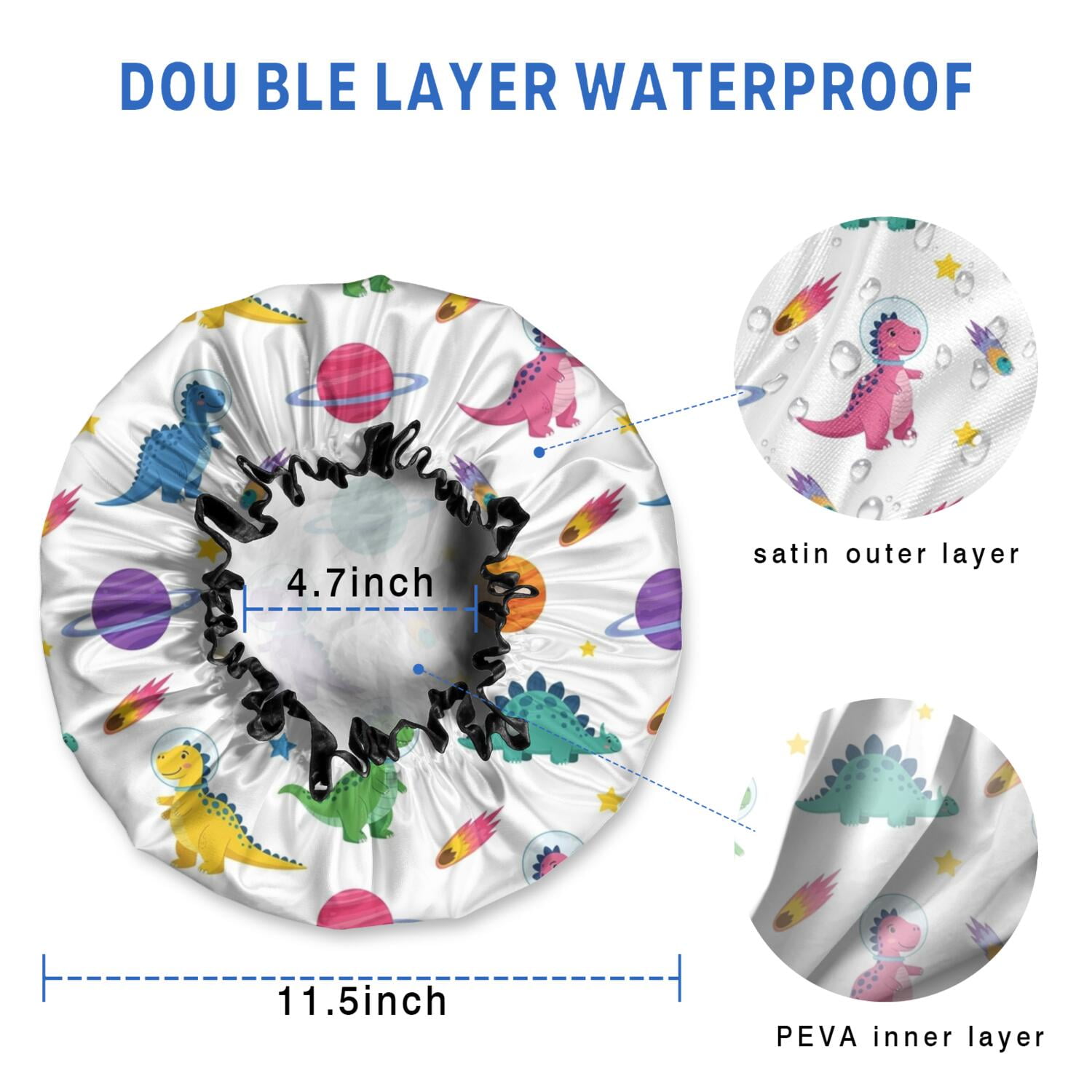 Shower Caps,White Dinosaurs Space Pattern Waterproof Shower Cap for Women 4 Pieces,Double Reusable Hair Cover for Shower PEVA Elastic Stretch Hem