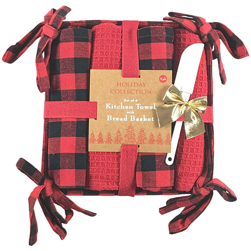 Holiday Buffalo Plaid Kitchen Bread Basket Towel Gift Set