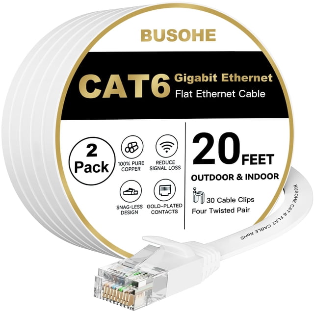 Cable Ethernet BUSOHE Cat6, 20 m, paquete de 2, blanco con clips