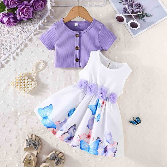 Toddler Two Piece Summer Outfits for Girls Sleeveless Cami Short Dress and Short Sleeve Top Sets Dress for Girls 12-18 Months