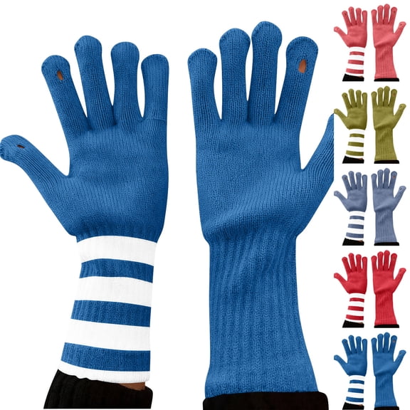 Moocorvic Long Winter Gloves for Women Men, Striped Knit Gloves for Cold Weather,Blue