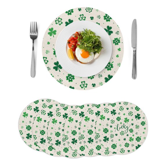 Lucky Day Round 13 Inch Placemats Set of 6, St. Patrick's Shamrock Rustic Clover Green HeatResistant Non Slip Place Mats for Dining Table, Wipeable Braided Kitchen Table Mats for Housewarming