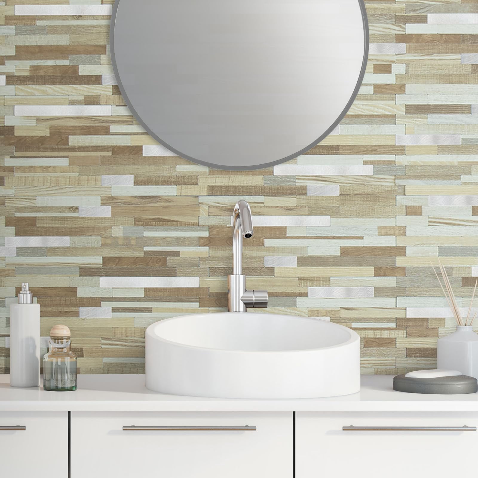 20 Sheets Beige & Brown Wood Peel And Stick Backsplash  Pvc Mixed Metal Wall Tile On For Kitchen Bathroom